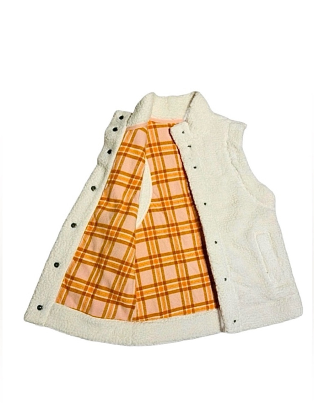 AERIE ~ Women’s soft sherpa snap vest w/orange block plaid lining size XS